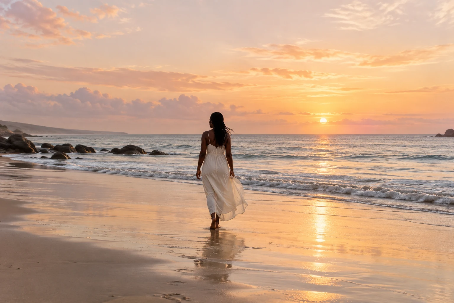 A woman walking toward the morning light along a quiet shoreline