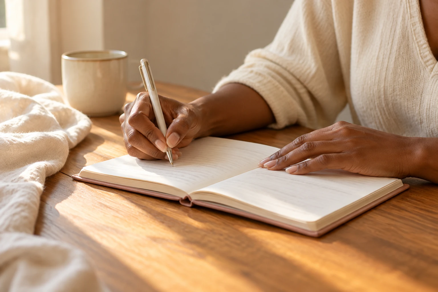 Hands writing in an open journal beside a mug in soft natural light