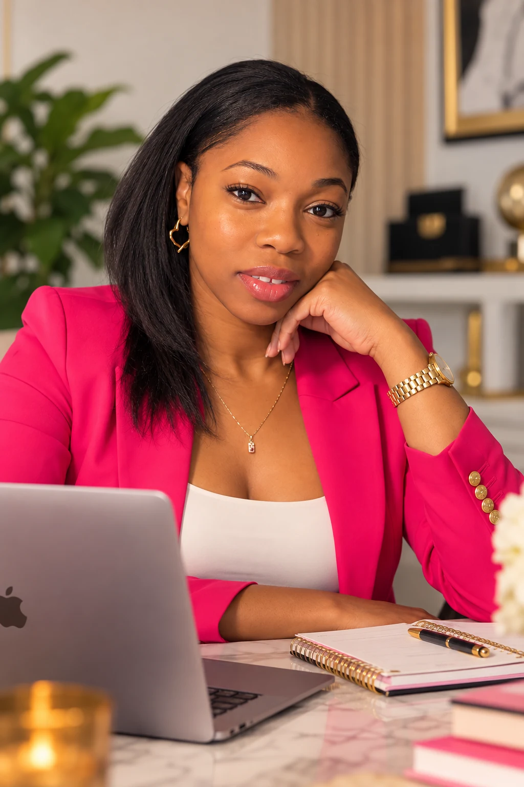 Nashay Williams seated at her desk in a pink blazer