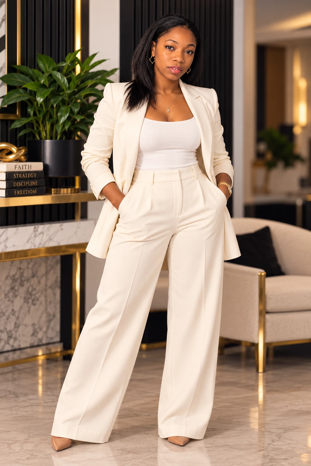 Nashay Williams standing in a cream suit