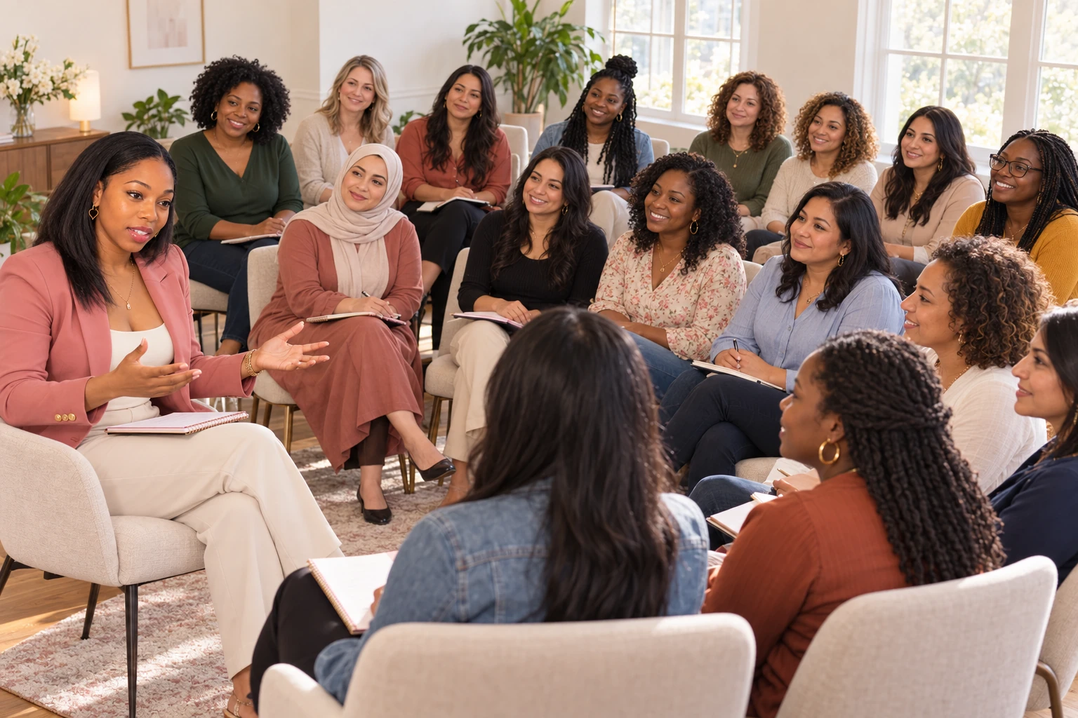Nashay and a diverse circle of women sharing journals and conversation