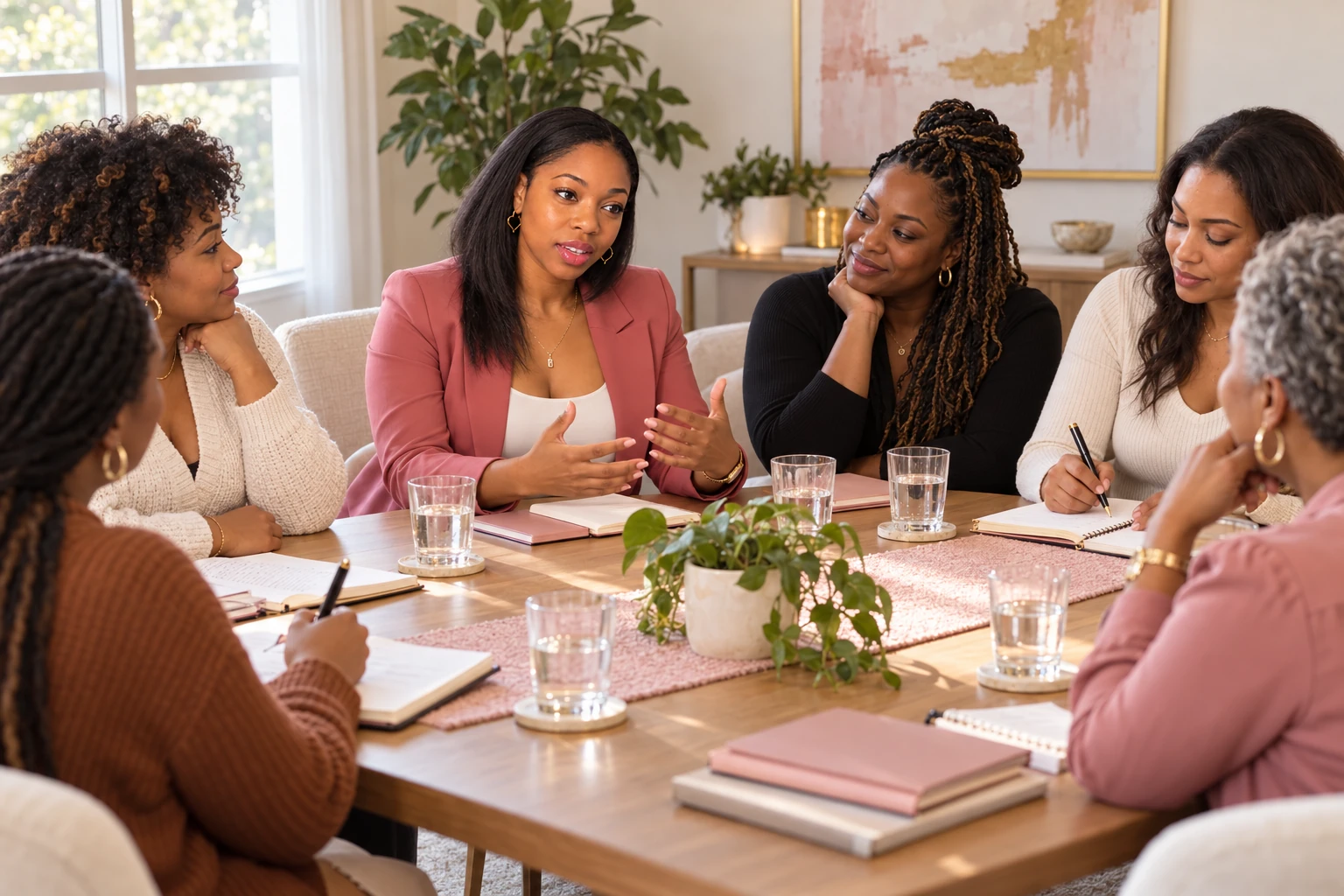 Nashay in conversation with women seated together around a table