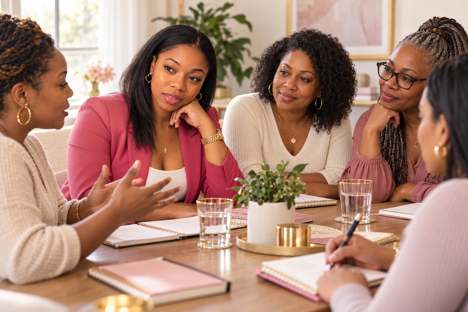 Nashay listening to women during a small-group journaling discussion